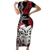 Personalised New Zealand Christmas Family Matching Short Sleeve Bodycon Dress and Hawaiian Shirt Meri Kirihimete Maori Wheku - Taniko Art LT14 Mom's Dress Black - Polynesian Pride