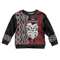 Personalised New Zealand Christmas Kid Ugly Christmas Sweater Meri Kirihimete Maori Wheku - Taniko Art LT14 Kid Black - Polynesian Pride