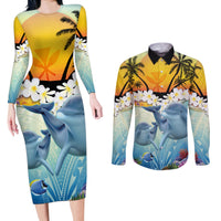 Aloha Hawaii Dolphins Couples Matching Long Sleeve Bodycon Dress and Long Sleeve Button Shirt Heart Of The Ocean Tropical Summer Vibes LT14 Blue - Polynesian Pride