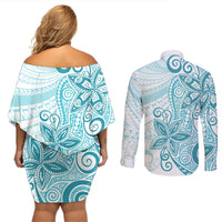 Polynesia Dolphins Couples Matching Off Shoulder Short Dress and Long Sleeve Button Shirt Valentine Day Floral Polynesian - Vintage Dark Cyan LT14 - Polynesian Pride