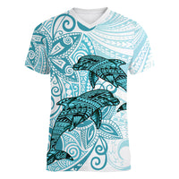 Polynesia Dolphins Women V Neck T Shirt Valentine Day Floral Polynesian - Vintage Dark Cyan LT14 Female Dark Cyan - Polynesian Pride