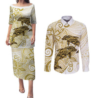 Polynesia Dolphins Couples Matching Puletasi and Long Sleeve Button Shirt Valentine Day Floral Polynesian - Vintage Brown LT14 Brown - Polynesian Pride