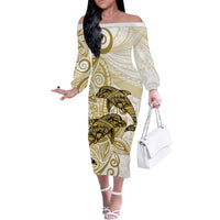 Polynesia Dolphins Family Matching Off Shoulder Long Sleeve Dress and Hawaiian Shirt Valentine Day Floral Polynesian - Vintage Brown LT14 Mom's Dress Brown - Polynesian Pride