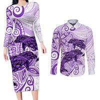 Polynesia Dolphins Couples Matching Long Sleeve Bodycon Dress and Long Sleeve Button Shirt Valentine Day Floral Polynesian - Vintage Purple LT14 Purple - Polynesian Pride