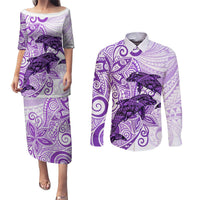 Polynesia Dolphins Couples Matching Puletasi and Long Sleeve Button Shirt Valentine Day Floral Polynesian - Vintage Purple LT14 Purple - Polynesian Pride