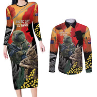 New Zealand and Australia ANZAC Day Couples Matching Long Sleeve Bodycon Dress and Long Sleeve Button Shirt Sliver Fern Kakapo With Golden Wattle Kangaroo LT14 Gold - Polynesian Pride