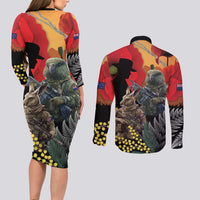 New Zealand and Australia ANZAC Day Couples Matching Long Sleeve Bodycon Dress and Long Sleeve Button Shirt Sliver Fern Kakapo With Golden Wattle Kangaroo LT14 - Polynesian Pride