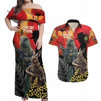 New Zealand and Australia ANZAC Day Couples Matching Off Shoulder Maxi Dress and Hawaiian Shirt Sliver Fern Kakapo With Golden Wattle Kangaroo LT14 Gold - Polynesian Pride