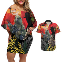New Zealand and Australia ANZAC Day Couples Matching Off Shoulder Short Dress and Hawaiian Shirt Sliver Fern Kakapo With Golden Wattle Kangaroo LT14 Gold - Polynesian Pride