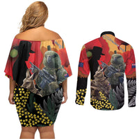 New Zealand and Australia ANZAC Day Couples Matching Off Shoulder Short Dress and Long Sleeve Button Shirt Sliver Fern Kakapo With Golden Wattle Kangaroo LT14 - Polynesian Pride