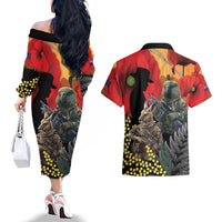 New Zealand and Australia ANZAC Day Couples Matching Off The Shoulder Long Sleeve Dress and Hawaiian Shirt Sliver Fern Kakapo With Golden Wattle Kangaroo LT14 - Polynesian Pride
