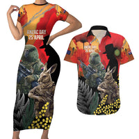 New Zealand and Australia ANZAC Day Couples Matching Short Sleeve Bodycon Dress and Hawaiian Shirt Sliver Fern Kakapo With Golden Wattle Kangaroo LT14 Gold - Polynesian Pride
