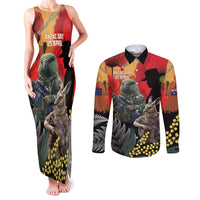 New Zealand and Australia ANZAC Day Couples Matching Tank Maxi Dress and Long Sleeve Button Shirt Sliver Fern Kakapo With Golden Wattle Kangaroo LT14 Gold - Polynesian Pride