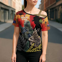New Zealand and Australia ANZAC Day Cross Shoulder Shirt Sliver Fern Kakapo With Golden Wattle Kangaroo LT14 - Polynesian Pride