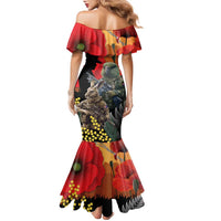 New Zealand and Australia ANZAC Day Family Matching Mermaid Dress and Hawaiian Shirt Sliver Fern Kakapo With Golden Wattle Kangaroo LT14 - Polynesian Pride