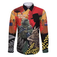 New Zealand and Australia ANZAC Day Family Matching Off The Shoulder Long Sleeve Dress and Hawaiian Shirt Sliver Fern Kakapo With Golden Wattle Kangaroo LT14 Dad's Shirt - Long Sleeve Gold - Polynesian Pride