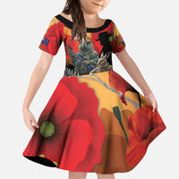New Zealand and Australia ANZAC Day Family Matching Off Shoulder Maxi Dress and Hawaiian Shirt Sliver Fern Kakapo With Golden Wattle Kangaroo LT14 Daughter's Dress Gold - Polynesian Pride