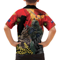 New Zealand and Australia ANZAC Day Family Matching Short Sleeve Bodycon Dress and Hawaiian Shirt Sliver Fern Kakapo With Golden Wattle Kangaroo LT14 - Polynesian Pride