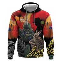 New Zealand and Australia ANZAC Day Hoodie Sliver Fern Kakapo With Golden Wattle Kangaroo LT14 Pullover Hoodie Gold - Polynesian Pride
