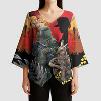 New Zealand and Australia ANZAC Day Kimono Sleeve Blouse Sliver Fern Kakapo With Golden Wattle Kangaroo LT14 - Polynesian Pride
