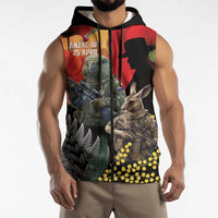 New Zealand and Australia ANZAC Day Sleeveless Zip Hoodie Sliver Fern Kakapo With Golden Wattle Kangaroo LT14 - Polynesian Pride