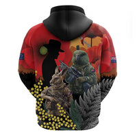 New Zealand and Australia ANZAC Day Zip Hoodie Sliver Fern Kakapo With Golden Wattle Kangaroo LT14 - Polynesian Pride