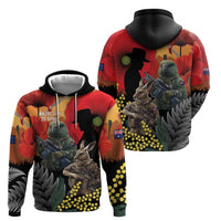 New Zealand and Australia ANZAC Day Zip Hoodie Sliver Fern Kakapo With Golden Wattle Kangaroo LT14 - Polynesian Pride