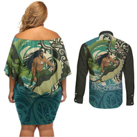 Aotearoa Tangaroa Atua Couples Matching Off Shoulder Short Dress and Long Sleeve Button Shirt New Zealand God Of The Ocean LT14 - Polynesian Pride