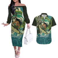 Aotearoa Tangaroa Atua Couples Matching Off The Shoulder Long Sleeve Dress and Hawaiian Shirt New Zealand God Of The Ocean LT14 Cyan - Polynesian Pride