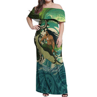 Aotearoa Tangaroa Atua Off Shoulder Maxi Dress New Zealand God Of The Ocean LT14 Women Cyan - Polynesian Pride