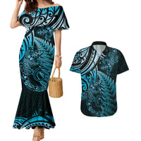 New Zealand Lizard Couples Matching Mermaid Dress and Hawaiian Shirt Silver Fern Aotearoa Maori Blue Version LT14 Blue - Polynesian Pride
