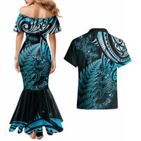New Zealand Lizard Couples Matching Mermaid Dress and Hawaiian Shirt Silver Fern Aotearoa Maori Blue Version LT14 - Polynesian Pride