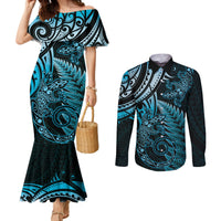 New Zealand Lizard Couples Matching Mermaid Dress and Long Sleeve Button Shirt Silver Fern Aotearoa Maori Blue Version LT14 Blue - Polynesian Pride