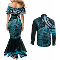 New Zealand Lizard Couples Matching Mermaid Dress and Long Sleeve Button Shirt Silver Fern Aotearoa Maori Blue Version LT14 - Polynesian Pride