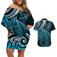 New Zealand Lizard Couples Matching Off Shoulder Short Dress and Hawaiian Shirt Silver Fern Aotearoa Maori Blue Version LT14 Blue - Polynesian Pride
