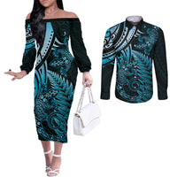 New Zealand Lizard Couples Matching Off The Shoulder Long Sleeve Dress and Long Sleeve Button Shirt Silver Fern Aotearoa Maori Blue Version LT14 Blue - Polynesian Pride