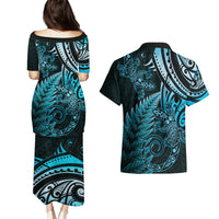 New Zealand Lizard Couples Matching Puletasi and Hawaiian Shirt Silver Fern Aotearoa Maori Blue Version