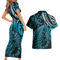 New Zealand Lizard Couples Matching Short Sleeve Bodycon Dress and Hawaiian Shirt Silver Fern Aotearoa Maori Blue Version LT14 - Polynesian Pride