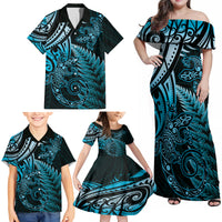 New Zealand Lizard Family Matching Off Shoulder Maxi Dress and Hawaiian Shirt Silver Fern Aotearoa Maori Blue Version LT14 - Polynesian Pride