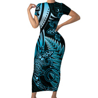 New Zealand Lizard Family Matching Short Sleeve Bodycon Dress and Hawaiian Shirt Silver Fern Aotearoa Maori Blue Version LT14 Mom's Dress Blue - Polynesian Pride