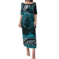New Zealand Lizard Puletasi Silver Fern Aotearoa Maori Blue Version LT14 Long Dress Blue - Polynesian Pride
