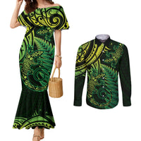 New Zealand Lizard Couples Matching Mermaid Dress and Long Sleeve Button Shirt Silver Fern Aotearoa Maori Green Version LT14 Green - Polynesian Pride