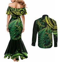 New Zealand Lizard Couples Matching Mermaid Dress and Long Sleeve Button Shirt Silver Fern Aotearoa Maori Green Version LT14 - Polynesian Pride