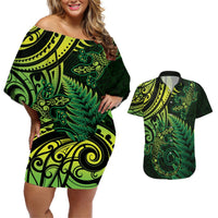 New Zealand Lizard Couples Matching Off Shoulder Short Dress and Hawaiian Shirt Silver Fern Aotearoa Maori Green Version LT14 Green - Polynesian Pride