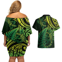 New Zealand Lizard Couples Matching Off Shoulder Short Dress and Hawaiian Shirt Silver Fern Aotearoa Maori Green Version LT14 - Polynesian Pride