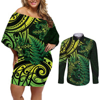 New Zealand Lizard Couples Matching Off Shoulder Short Dress and Long Sleeve Button Shirt Silver Fern Aotearoa Maori Green Version LT14 Green - Polynesian Pride