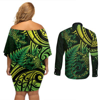 New Zealand Lizard Couples Matching Off Shoulder Short Dress and Long Sleeve Button Shirt Silver Fern Aotearoa Maori Green Version LT14 - Polynesian Pride