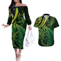 New Zealand Lizard Couples Matching Off The Shoulder Long Sleeve Dress and Hawaiian Shirt Silver Fern Aotearoa Maori Green Version LT14 Green - Polynesian Pride