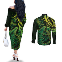 New Zealand Lizard Couples Matching Off The Shoulder Long Sleeve Dress and Long Sleeve Button Shirt Silver Fern Aotearoa Maori Green Version LT14 - Polynesian Pride