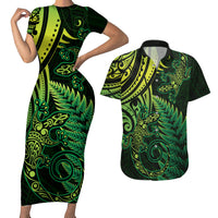 New Zealand Lizard Couples Matching Short Sleeve Bodycon Dress and Hawaiian Shirt Silver Fern Aotearoa Maori Green Version LT14 Green - Polynesian Pride